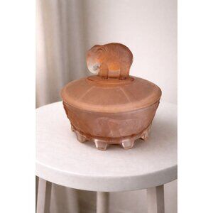 LE Smith Elephant Carousel Pink Satin Glass Covered Dish Depression Era 1930s